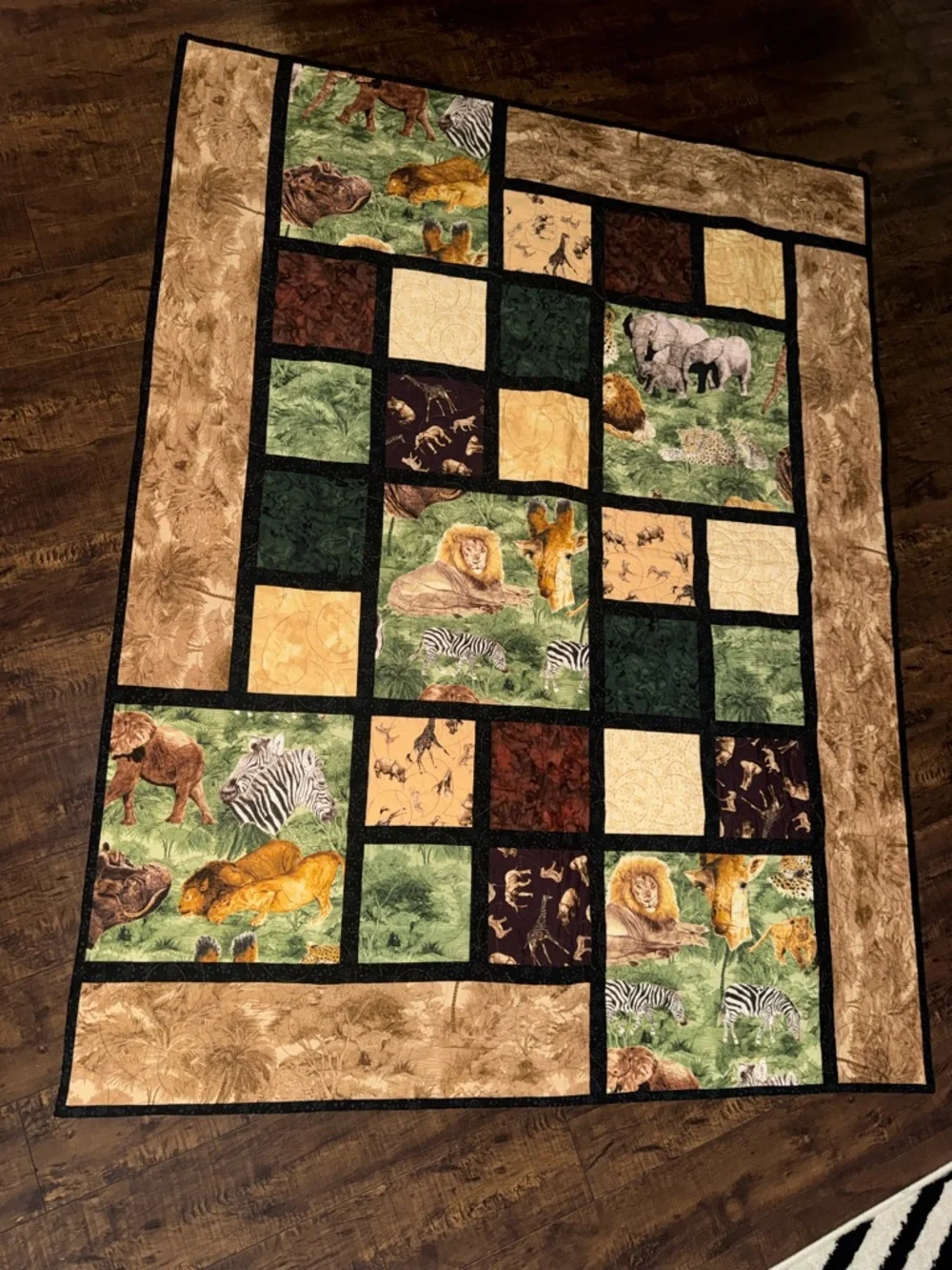 Safari Patchwork Quilted Throw - Green, Tan, Brown